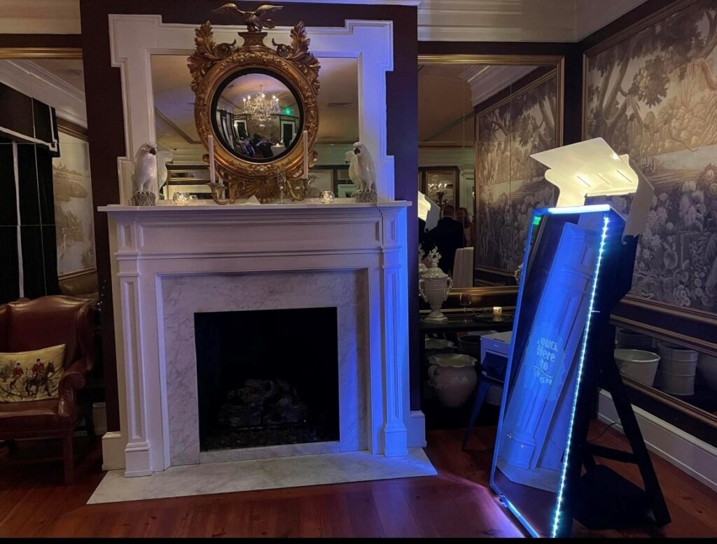 photo booth next to fireplace